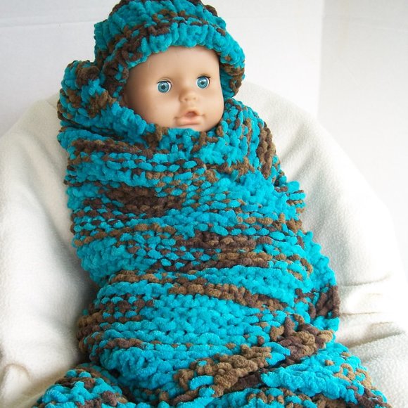 Hand Crafted Baby Blanket Hat Set Turquoise Blue Brown Chunky Swaddle - Picture 4 of 10